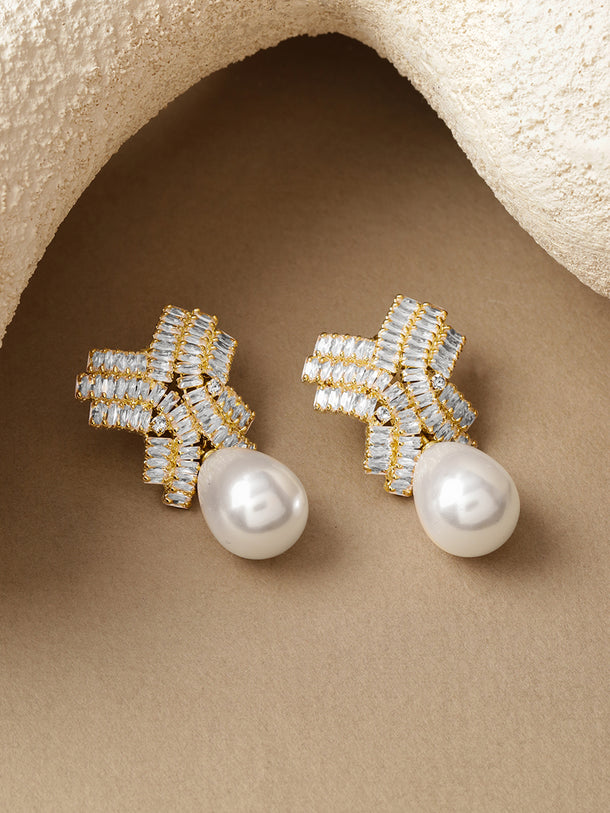 Crystal Studded Pearl Drop Earrings