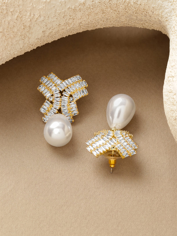 Crystal Studded Pearl Drop Earrings