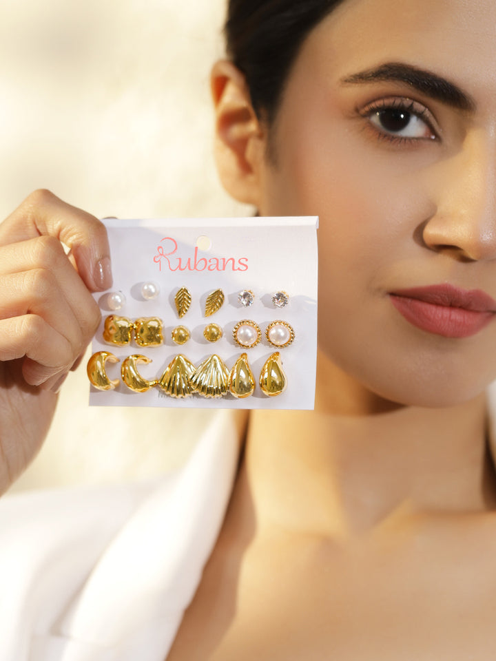 Rubans Set of 9 18K Gold Plated Paisley Shaped Studs