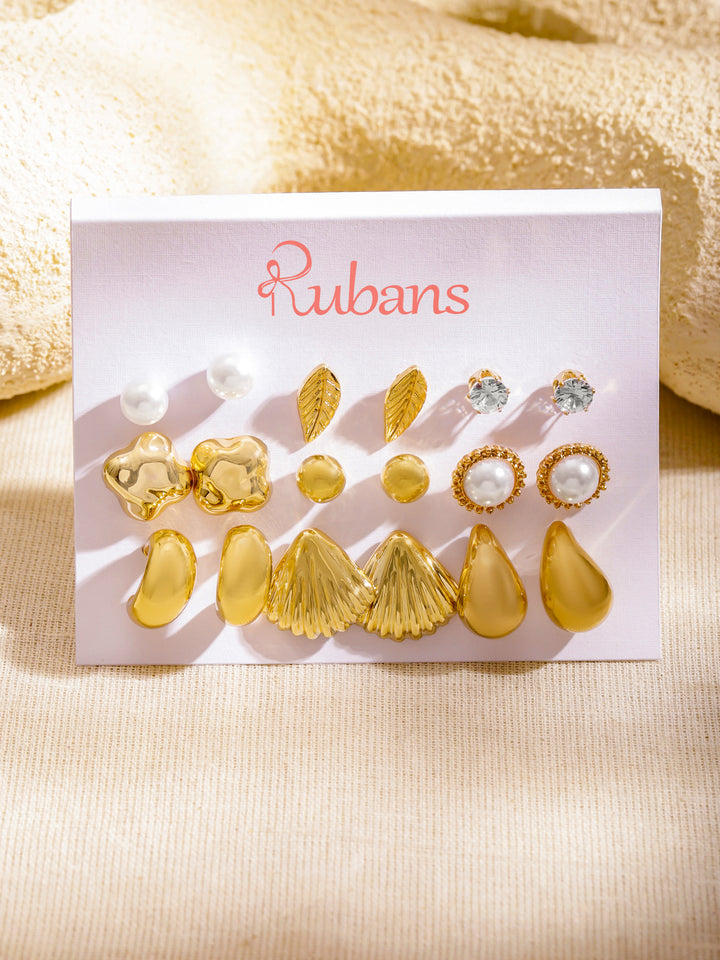 Rubans Set of 9 18K Gold Plated Paisley Shaped Studs