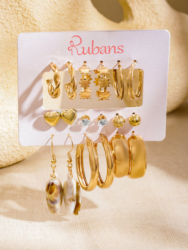 Gold Toned Hoop & Stud Earrings Pack of 9