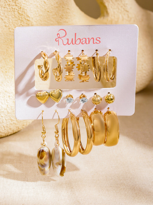 Gold Toned Hoop & Stud Earrings Pack of 9