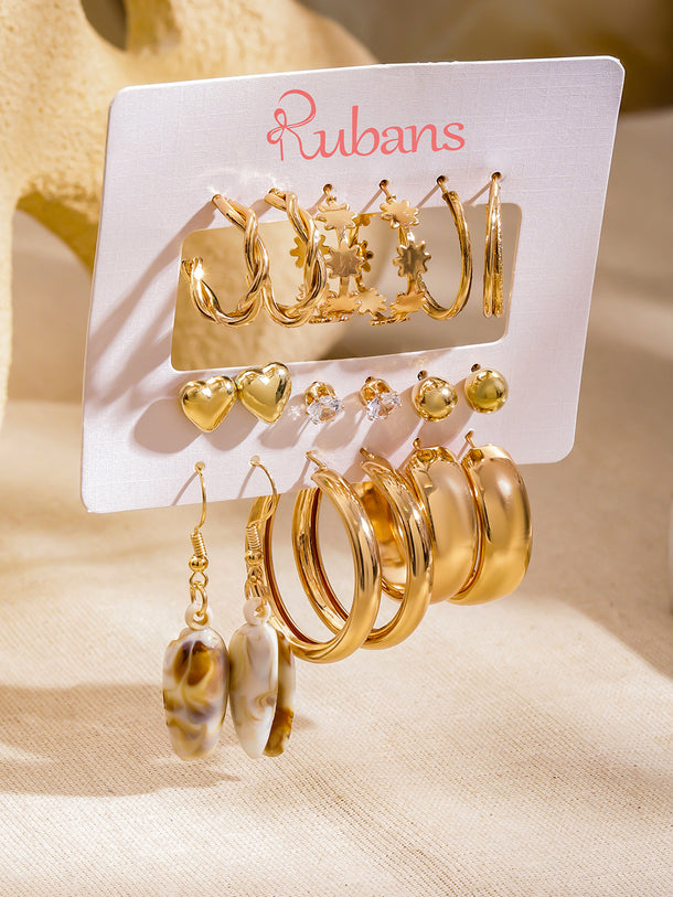 Gold Toned Hoop & Stud Earrings Pack of 9