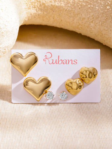 Rubans Set of 3 18K Gold-Plated Brass Earrings with Polished Heart & Crystal Studs