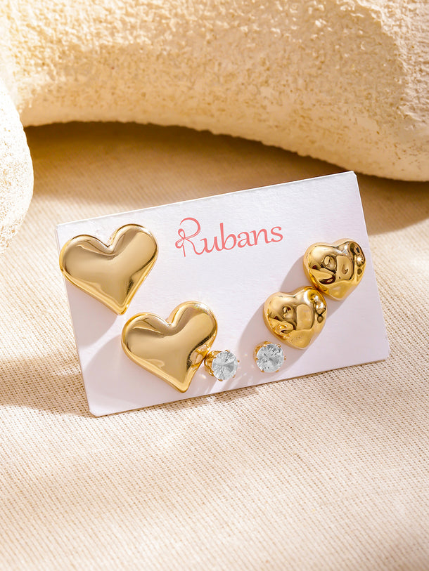 Rubans Set of 3 18K Gold-Plated Brass Earrings with Polished Heart & Crystal Studs