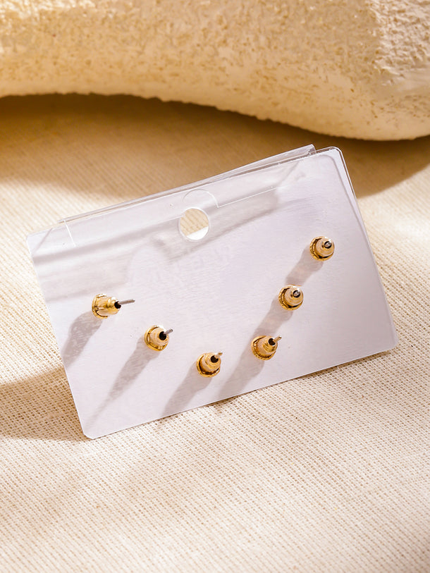 Rubans Set of 3 18K Gold-Plated Brass Earrings with Polished Heart & Crystal Studs