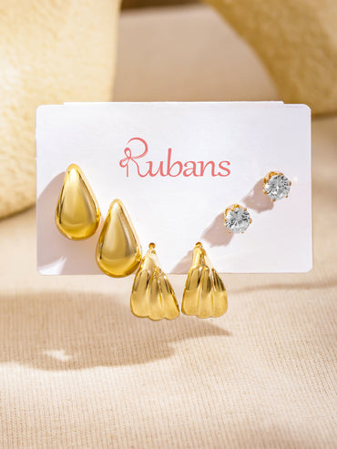 Rubans Set of 3 18K Gold-Plated Tear-Drop & Textured Hoop Bold Statement Earrings
