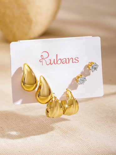 Rubans Set of 3 18K Gold-Plated Tear-Drop & Textured Hoop Bold Statement Earrings