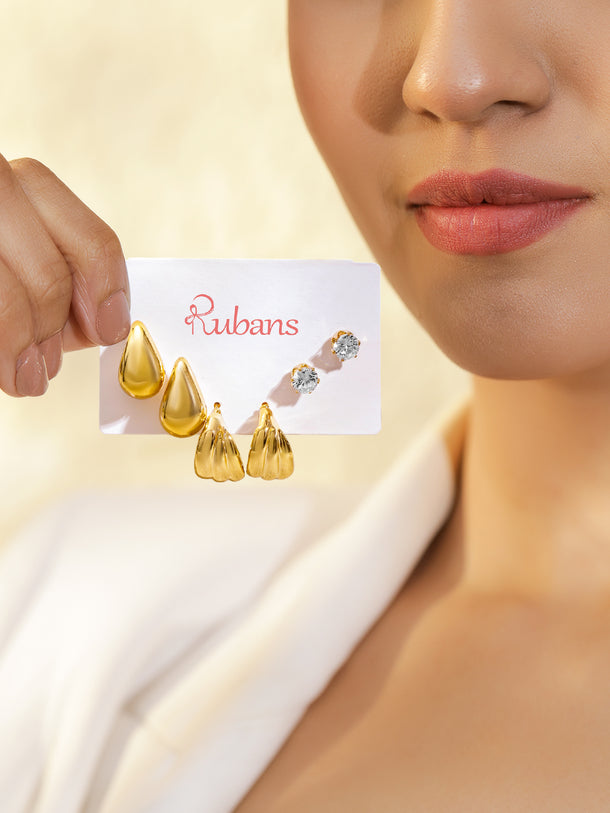 Rubans Set of 3 18K Gold-Plated Tear-Drop & Textured Hoop Bold Statement Earrings