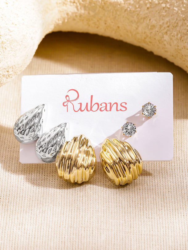Rubans Set of 3 18K Gold & Rhodium-Plated Textured Tear-Drop & Crystal Stud Earrings