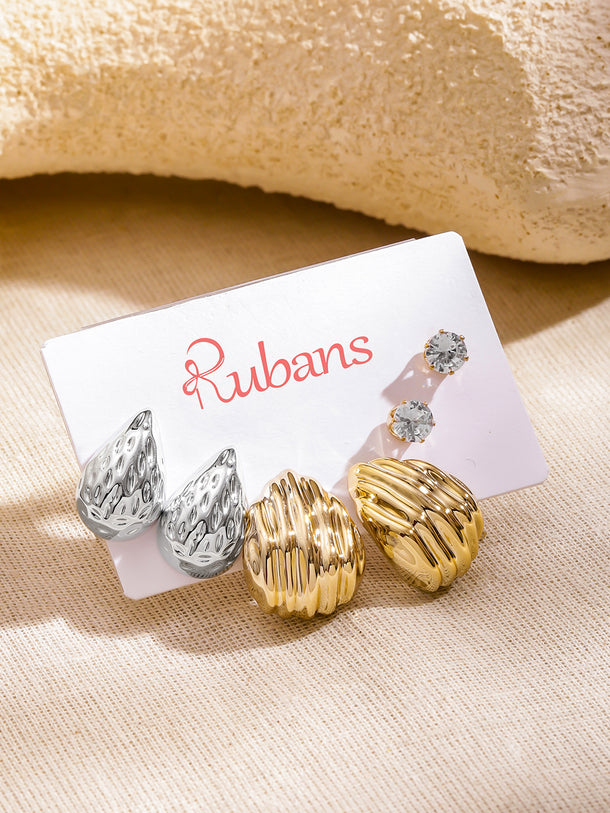 Rubans Set of 3 18K Gold & Rhodium-Plated Textured Tear-Drop & Crystal Stud Earrings