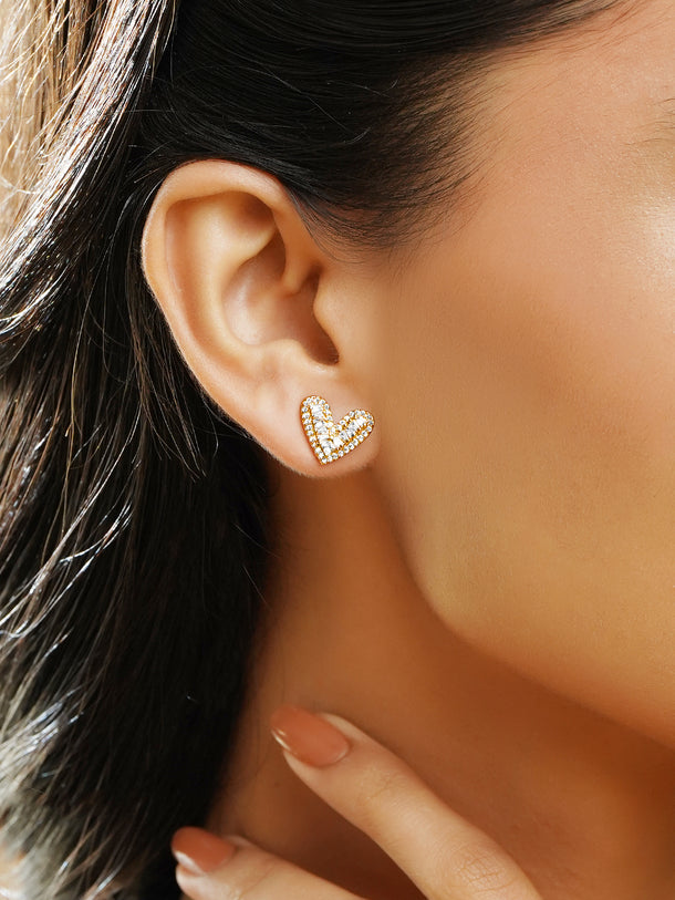 Rubans 18K Gold-Plated Heart-Shaped Sparkling Cubic Zirconia Stud Earrings