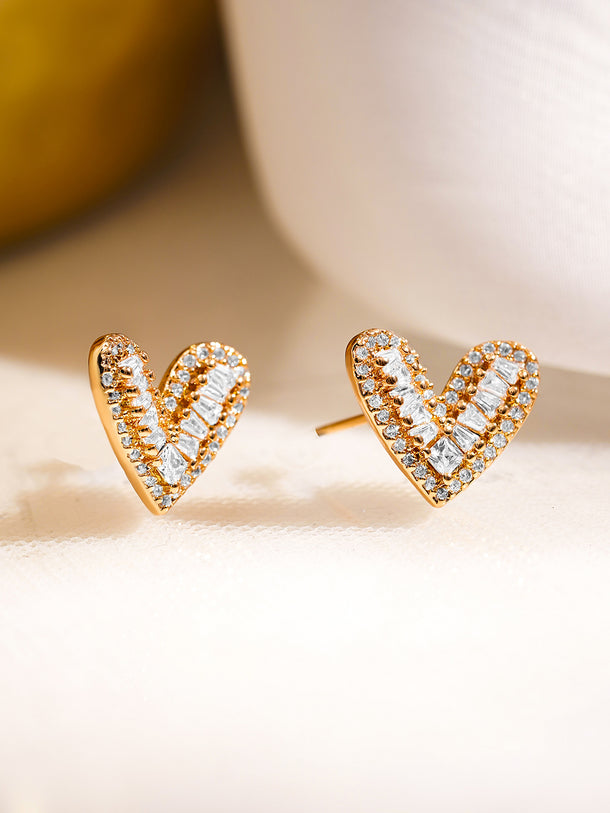 Rubans 18K Gold-Plated Heart-Shaped Sparkling Cubic Zirconia Stud Earrings