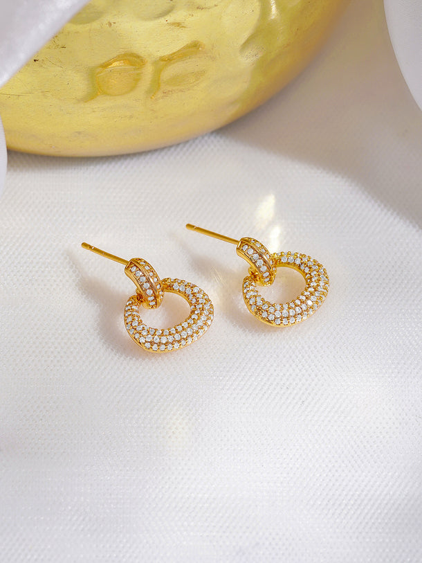 Rubans 18K Gold-Plated White Crystal AD Textured Circular Loop Stud Earrings