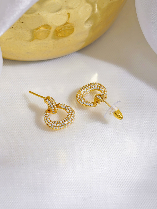 Rubans 18K Gold-Plated White Crystal AD Textured Circular Loop Stud Earrings