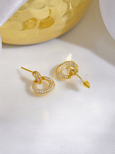 Rubans 18K Gold-Plated White Crystal AD Textured Circular Loop Stud Earrings