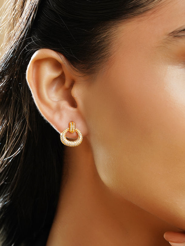 Rubans 18K Gold-Plated White Crystal AD Textured Circular Loop Stud Earrings