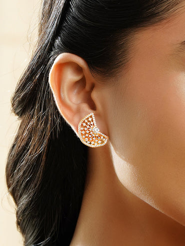 Rubans 18K Gold-Plated Sparkling Cubic Zirconia Half-Fan Statement Stud Earrings