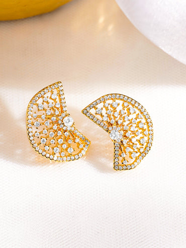 Rubans 18K Gold-Plated Sparkling Cubic Zirconia Half-Fan Statement Stud Earrings
