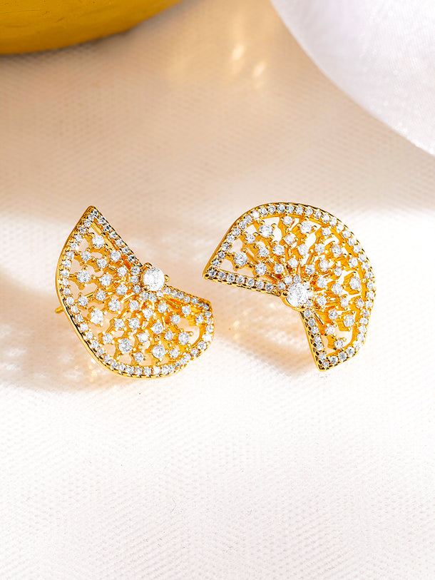 Rubans 18K Gold-Plated Sparkling Cubic Zirconia Half-Fan Statement Stud Earrings