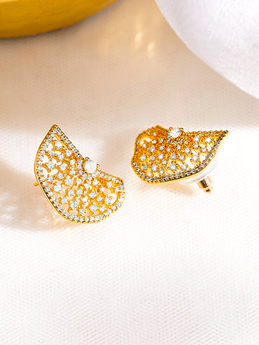 Rubans 18K Gold-Plated Sparkling Cubic Zirconia Half-Fan Statement Stud Earrings