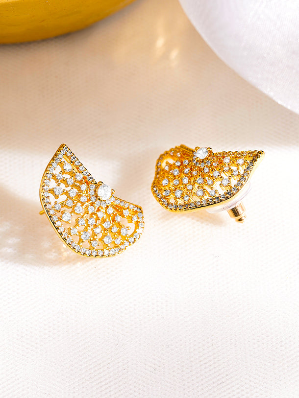 Rubans 18K Gold-Plated Sparkling Cubic Zirconia Half-Fan Statement Stud Earrings