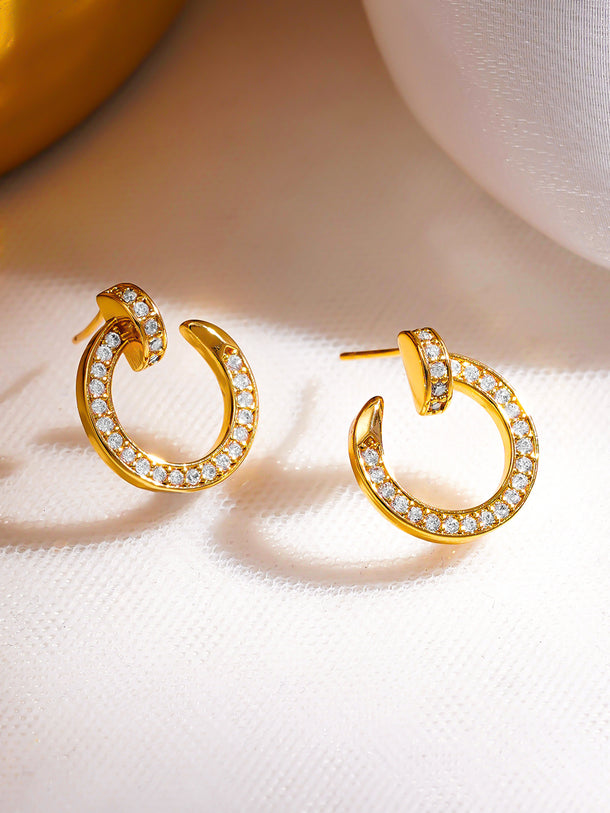 Rubans 18K Gold-Plated Crystal CZ Studded Open Hoop Minimal Stud Earrings