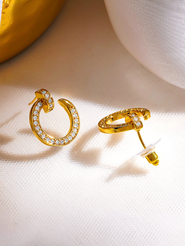 Rubans 18K Gold-Plated Crystal CZ Studded Open Hoop Minimal Stud Earrings