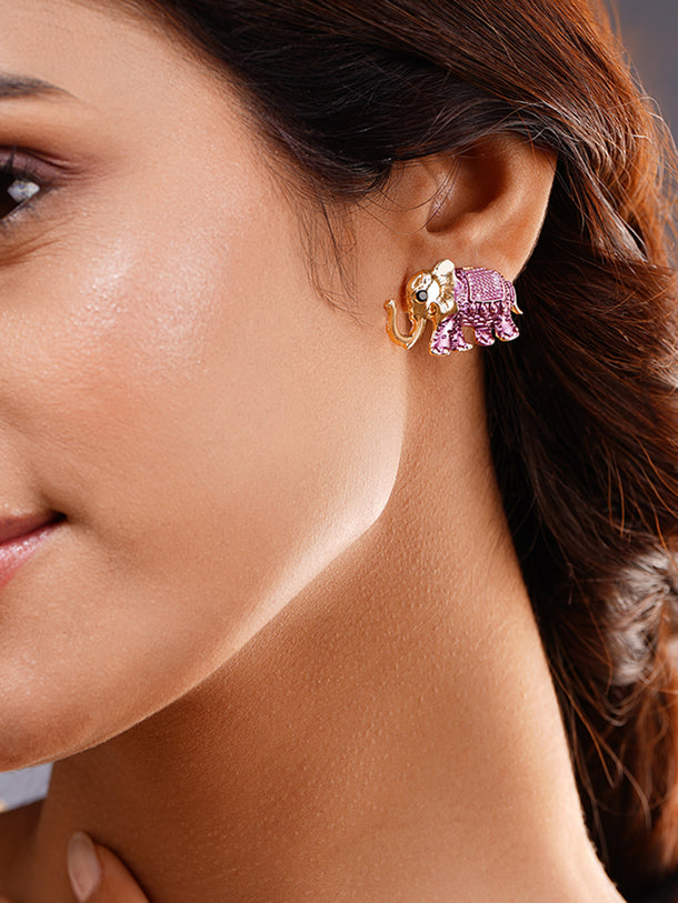 Classic Pink Elephant Gold Stud Earrings