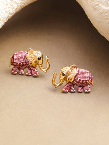 Classic Pink Elephant Gold Stud Earrings