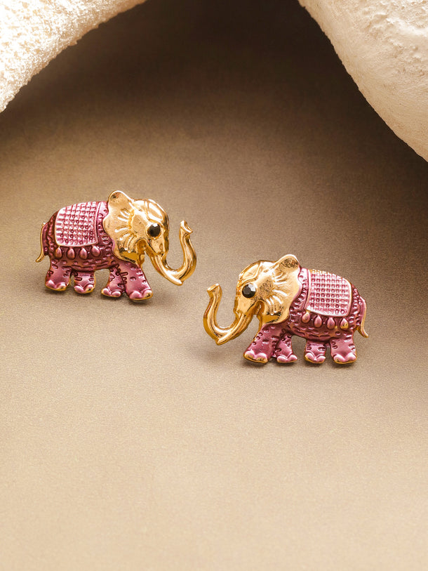 Classic Pink Elephant Gold Stud Earrings