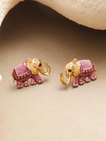 Classic Pink Elephant Gold Stud Earrings