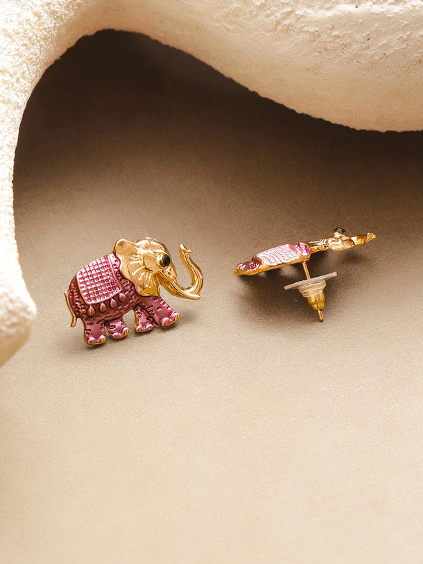 Classic Pink Elephant Gold Stud Earrings