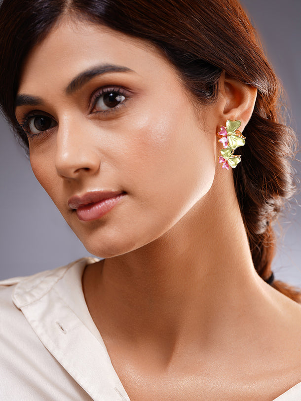 Pastel Pink Green Enamel Butterfly Stud Earrings