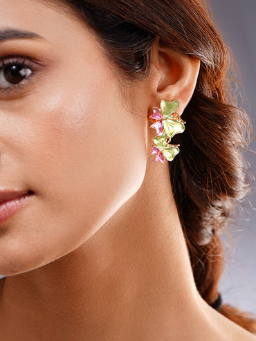 Pastel Pink Green Enamel Butterfly Stud Earrings