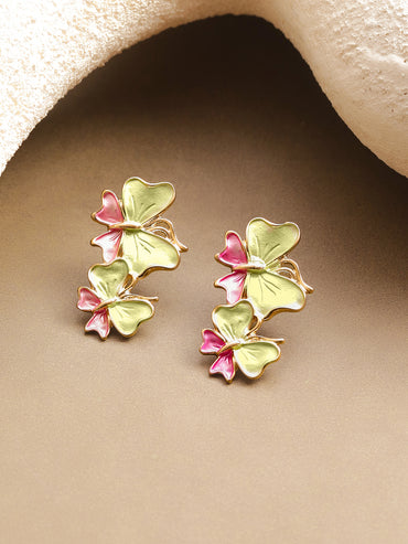 Pastel Pink Green Enamel Butterfly Stud Earrings