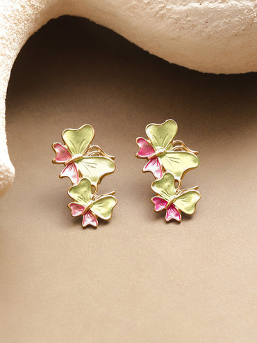 Pastel Pink Green Enamel Butterfly Stud Earrings