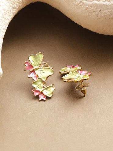 Pastel Pink Green Enamel Butterfly Stud Earrings