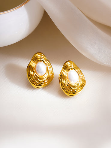 Demifine 18K Gold Plated Stainless Steel Abstract Pearl Stud Earrings