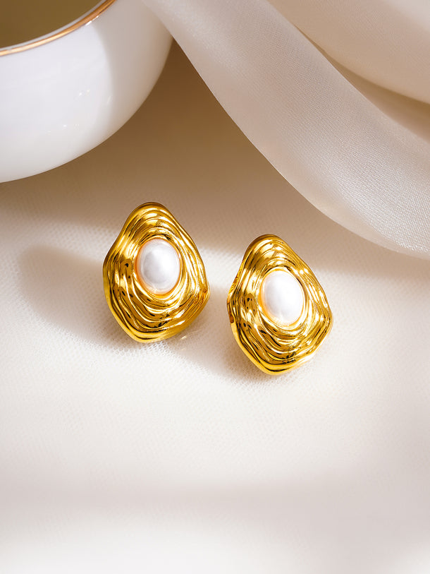 Demifine 18K Gold Plated Stainless Steel Abstract Pearl Stud Earrings