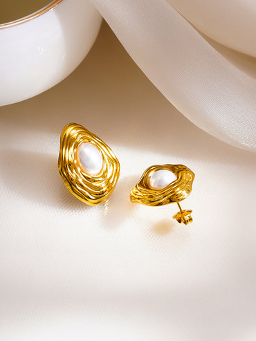 Demifine 18K Gold Plated Stainless Steel Abstract Pearl Stud Earrings