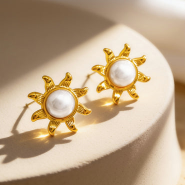Demifine 18K Gold Plated Stainless Steel Pearl Sunburst Stud Earrings