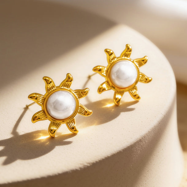 Demifine 18K Gold Plated Stainless Steel Pearl Sunburst Stud Earrings