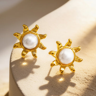Demifine 18K Gold Plated Stainless Steel Pearl Sunburst Stud Earrings