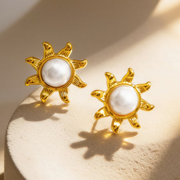 Demifine 18K Gold Plated Stainless Steel Pearl Sunburst Stud Earrings