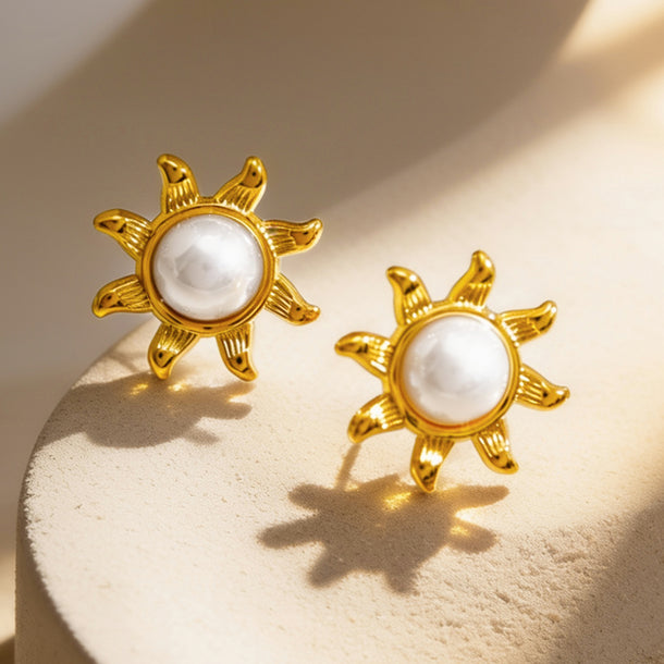 Demifine 18K Gold Plated Stainless Steel Pearl Sunburst Stud Earrings