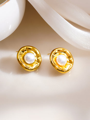 Demifine 18K Gold Plated Stainless Steel Sculpted Pearl Stud Earrings
