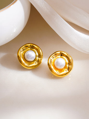 Demifine 18K Gold Plated Stainless Steel Sculpted Pearl Stud Earrings