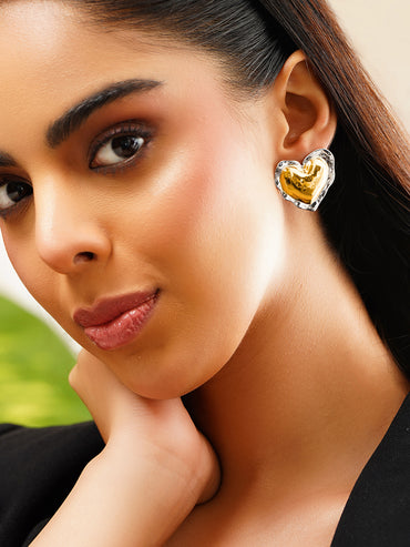 Demifine 18K Gold Plated Stainless Steel Dual Tone Molten Heart Stud Earrings