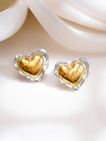 Demifine 18K Gold Plated Stainless Steel Dual Tone Molten Heart Stud Earrings